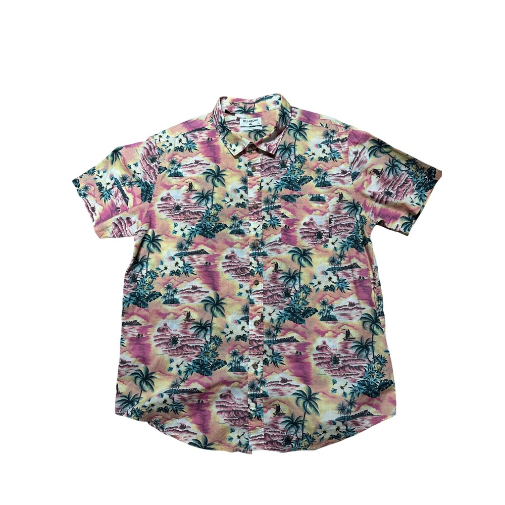 Billabong Mens Hawaiian Print Short Sleeve Button Up Shirt Tropical Scene Size L